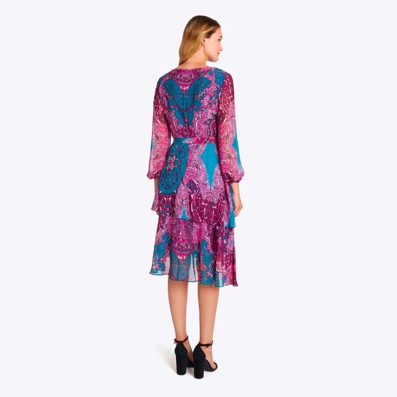 Tahari ASL Paisley Chiffon Tiered Midi Dress - V-neck wrap - Picture 2 of 3